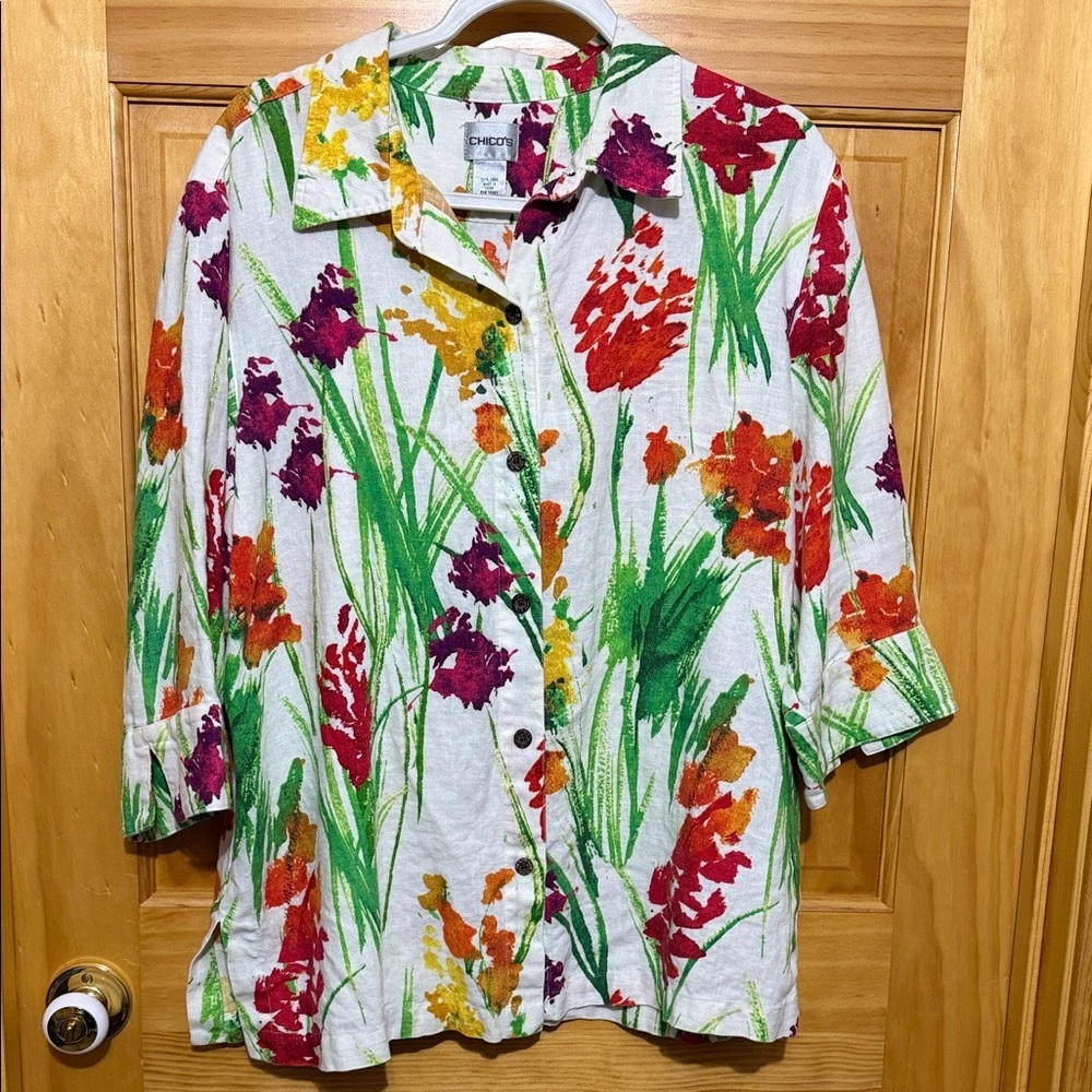 Chico’s 100% Linen Floral Button-Up Shirt with 3/4 Sleeves, Size 3/XL/16